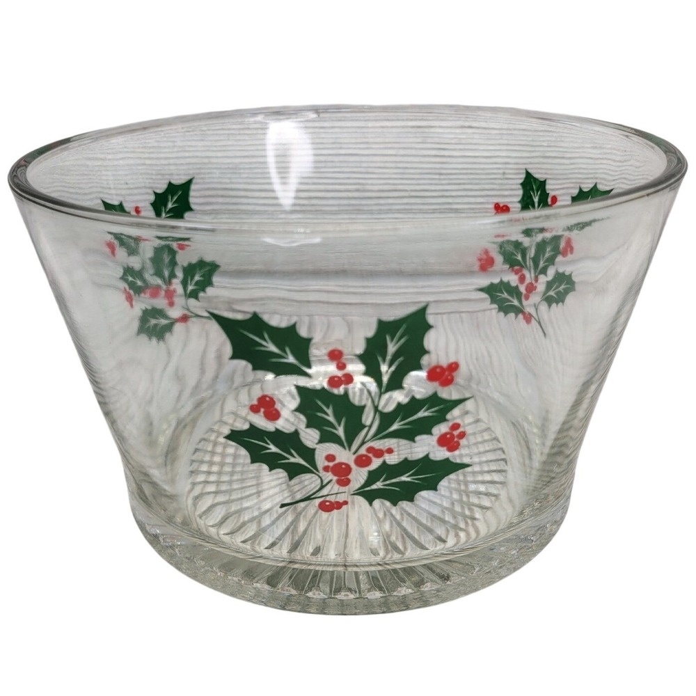 Indiana Glass Holly Berry Glass Bowl Punch Candy Serving Dish Christmas Holiday